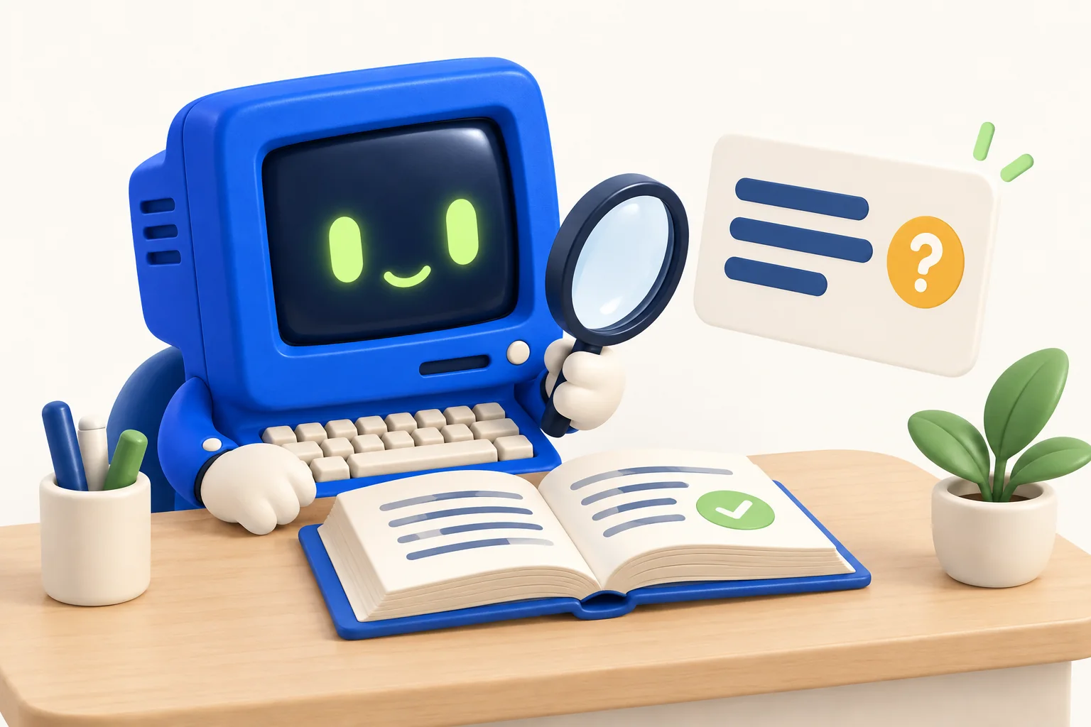 Patch compares an AI answer with a reference book, using a magnifying glass.